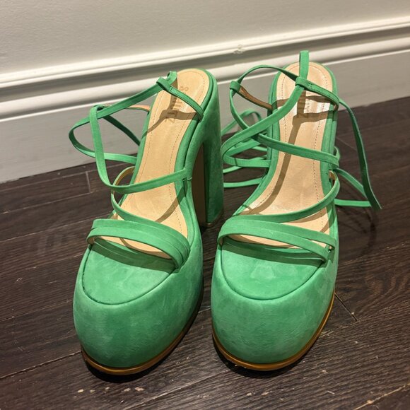 SCHUTZ Lynda Nubuck Gianni Green 70’s Stappy Calf Wrap Sexy Platform Sandals - Picture 3 of 6